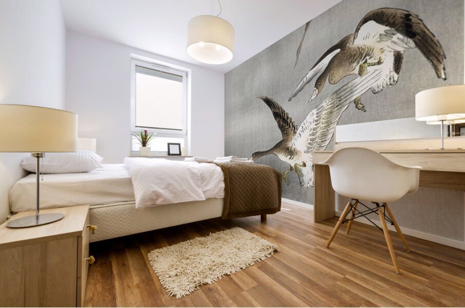 Geese in flight 1900 - 1930 by Ohara Koson 1877-1945. Mural print