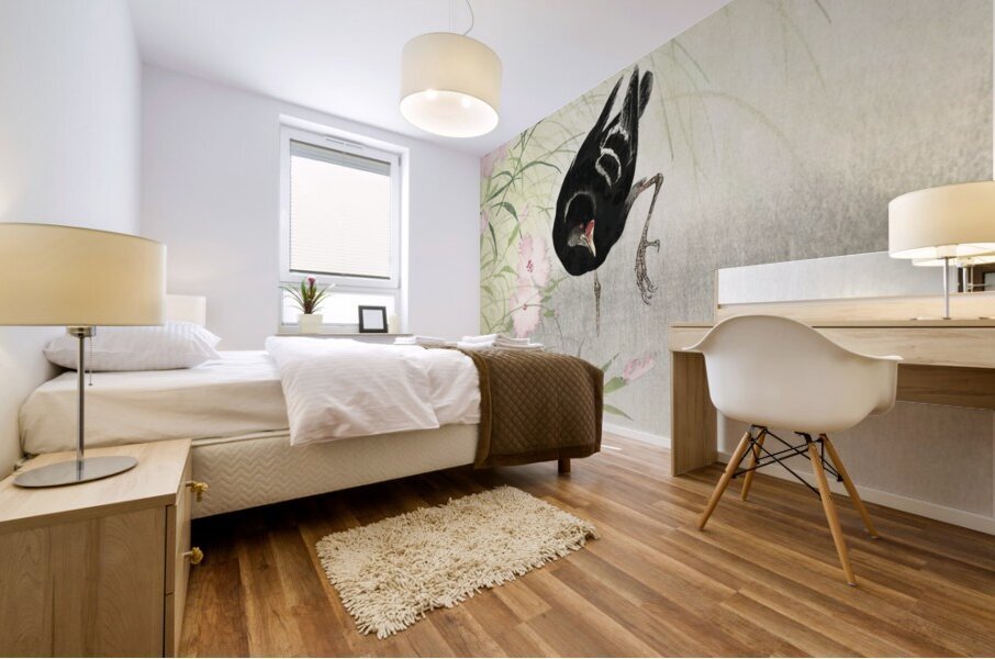 Moorhen at flowering plant 1900 - 1936 by Ohara Koson 1877-1945. Mural print