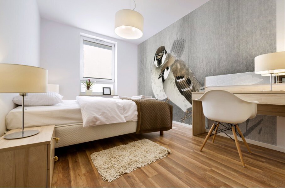 Two ring sparrows in the rain 1900 - 1930 by Ohara Koson 1877-1945. Mural print