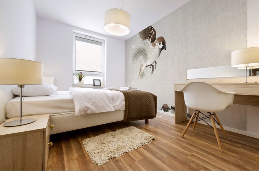 Tree sparrow with boy 1900 - 1936 by Ohara Koson 1877-1945. Mural print