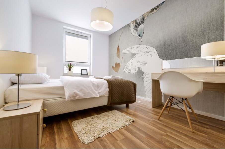 Two pigeons with falling ginkgo leaves 1900 - 1930 by Ohara Koson 1877-1945. Mural print