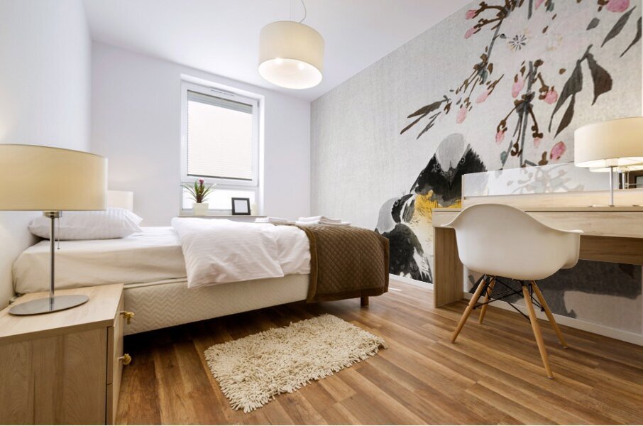 Two sable red tails with cherry blossom 1900 - 1936 by Ohara Koson 1877-1945. Mural print