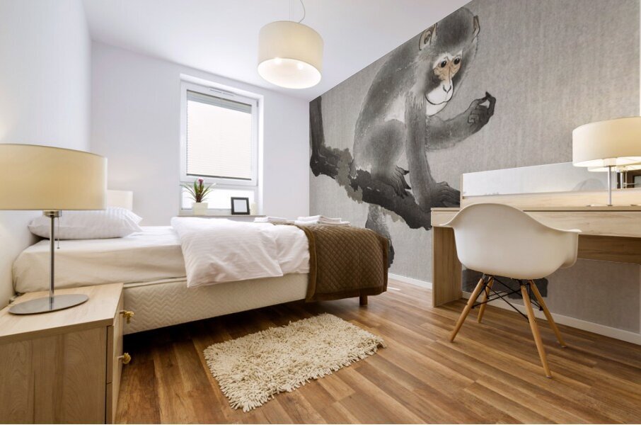 Monkey in cockatoo 1900 - 1930 by Ohara Koson 1877-1945. Mural print