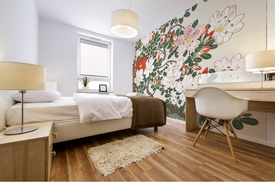 Blooming azalea in brown pot 1920 - 1930 by Ohara Koson 1877-1945. Mural print