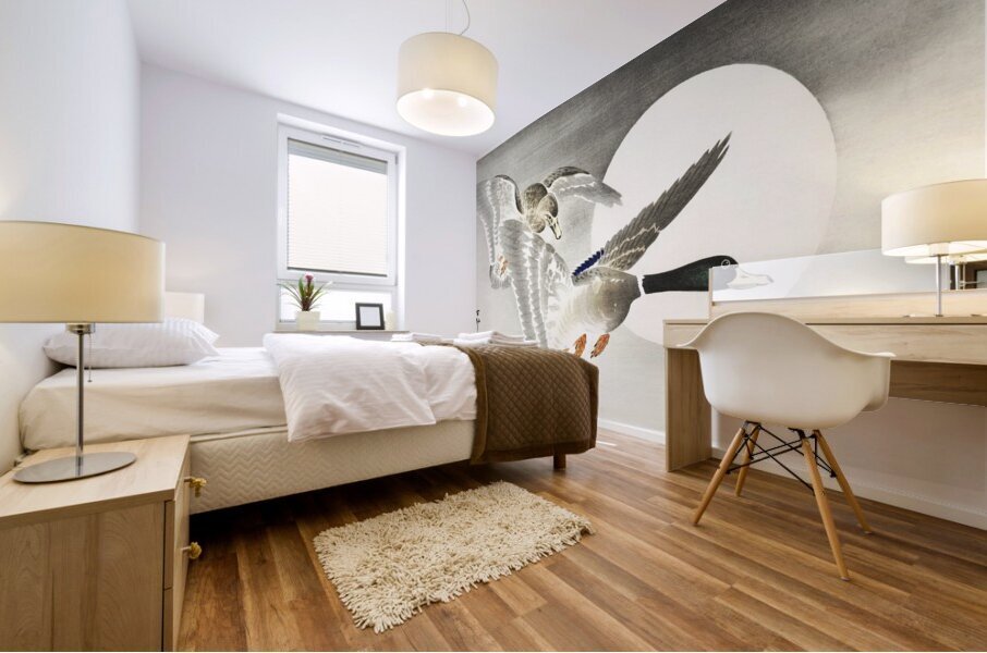 Two ducks at full moon 1900 - 1930 by Ohara Koson 1877-1945. Mural print