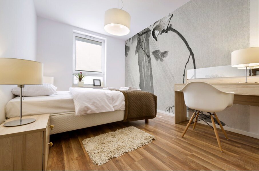 Long-tailed tit in storm 1900 - 1936 by Ohara Koson 1877-1945. Mural print