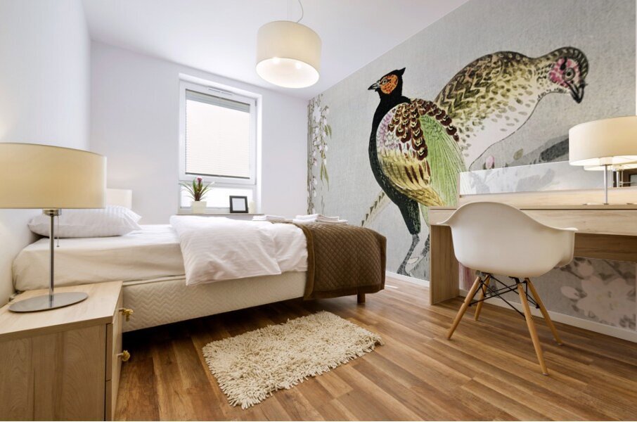 Couple pheasants and cherry blossom 1900 - 1936 by Ohara Koson 1877-1945. Mural print