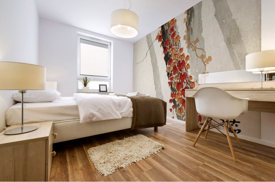 Red ivy 1900 - 1930 by Ohara Koson 1877-1945. Mural print