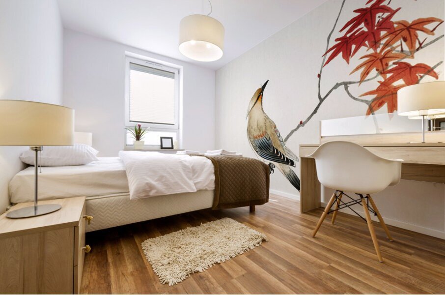 Japanese plague bird on maple 1900 - 1936 by Ohara Koson 1877-1945. Mural print