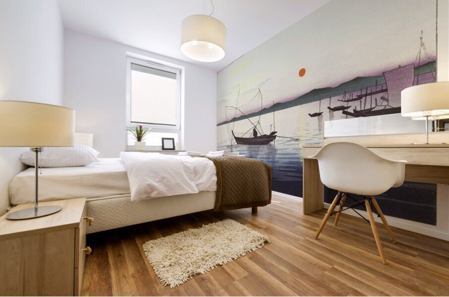 Boats and setting sun 1900 - 1936 by Ohara Koson 1877-1945. Mural print