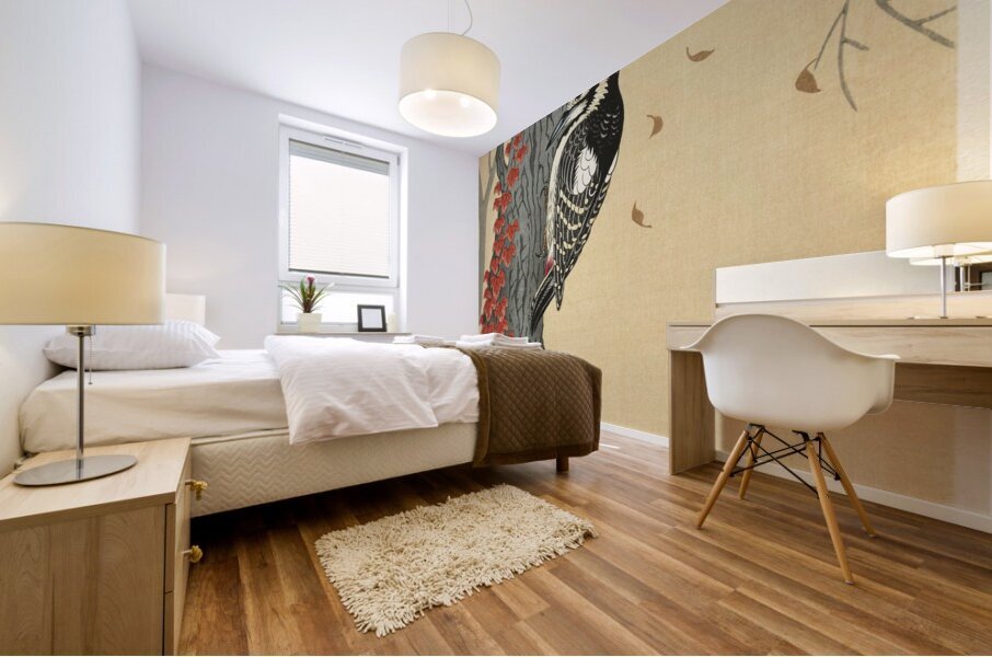 Great spotted woodpecker in tree with red ivy 1925 - 1936 by Ohara Koson 1877-1945. Mural print