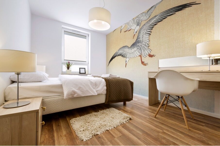 Five seagulls above turbulent sea 1900 - 1930 by Ohara Koson 1877-1945. Mural print