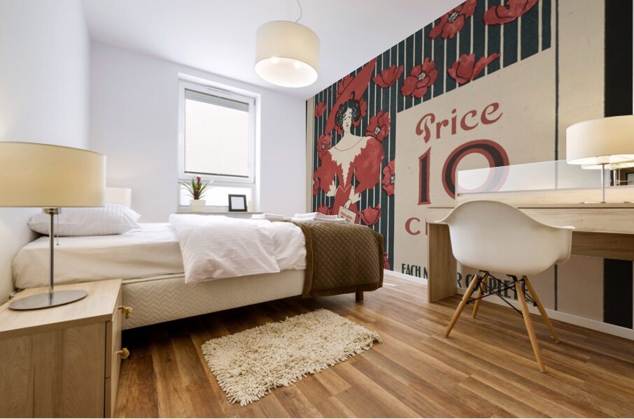 Flowers and a fashionably dressed woman standing and holding copy of the magazine 1890–1900 print by Ethel Reed. Mural print