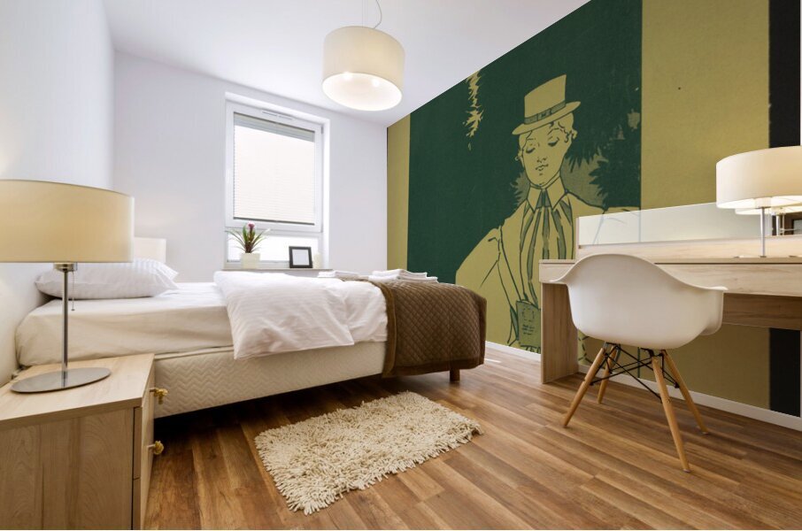 Woman wearing a striped dress with large sleeves a hat and carrying a purse 1898–1900 print by Ethel Reed. Mural print