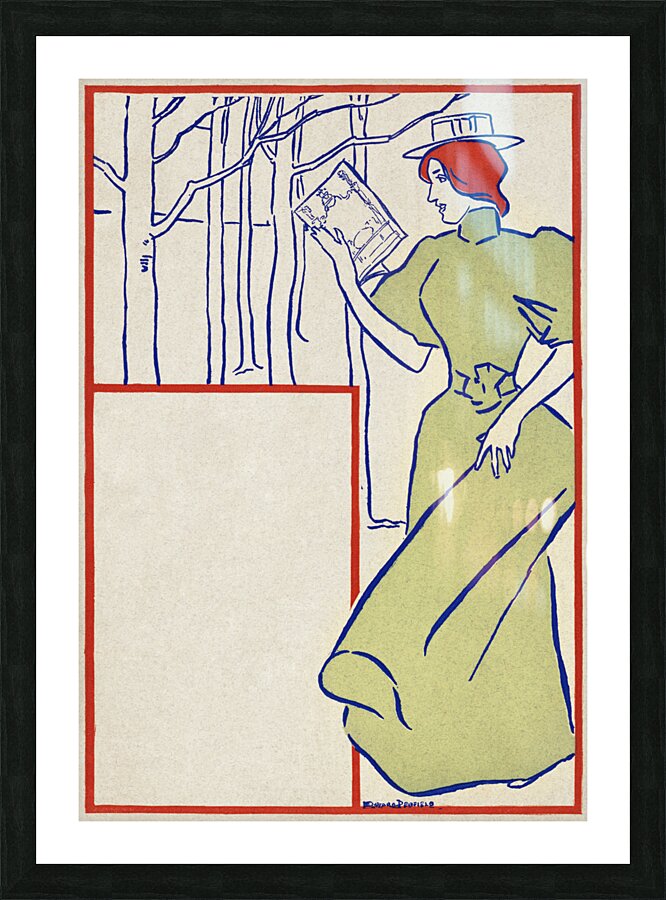 Woman in green dress reading a book 1895 by Edward Penfield Picture Frame print