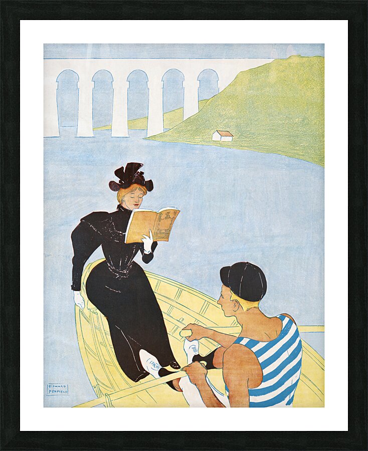 Woman reading in a row boat 1894 by Edward Penfield Picture Frame print