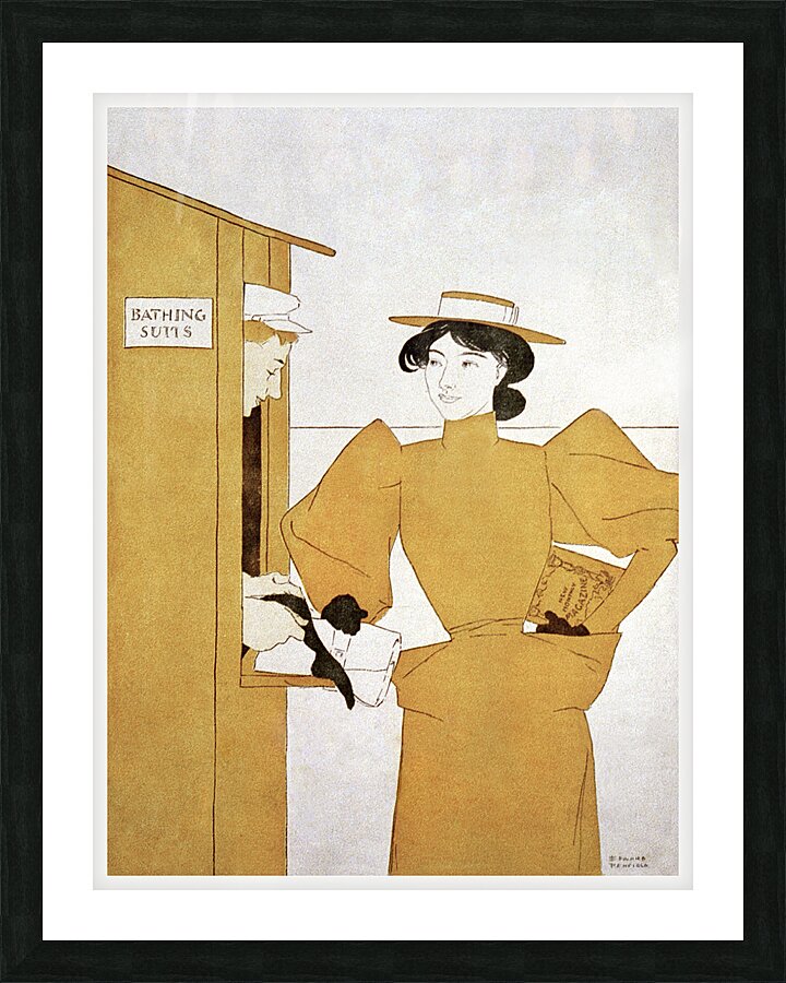 Woman picking up bathing suits 1895 by Edward Penfield Picture Frame print
