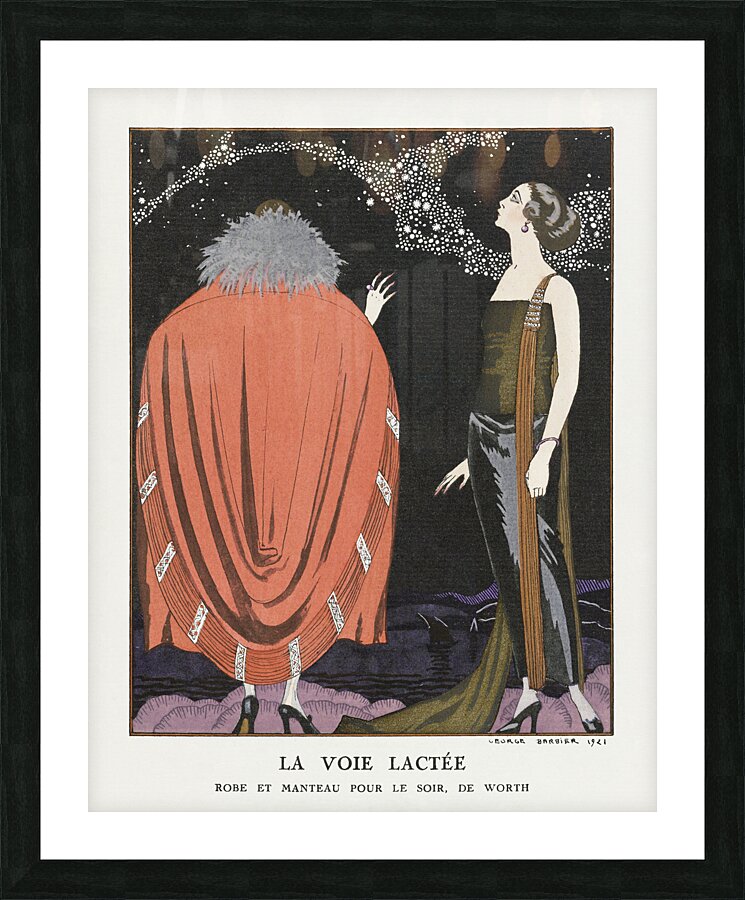 La voie lact&eacutee: Robe et manteau pour le soir de Worth 1921 fashion illustration  by George Barbier.  Picture Frame print