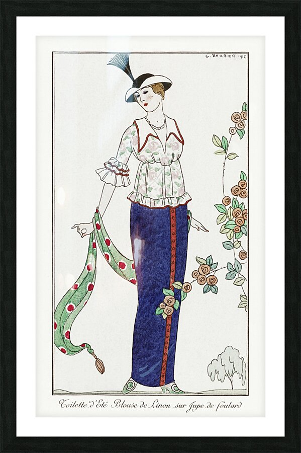 Costumes Parisiens no. 3: Toilette d&Eacutet&eacute Toilette d&Eacutet&eacute Blouson de Linon sur Jupe de foulard from Journal des Dames et des Modes 1912 fashion illustration  by George Barbier.  Picture Frame print