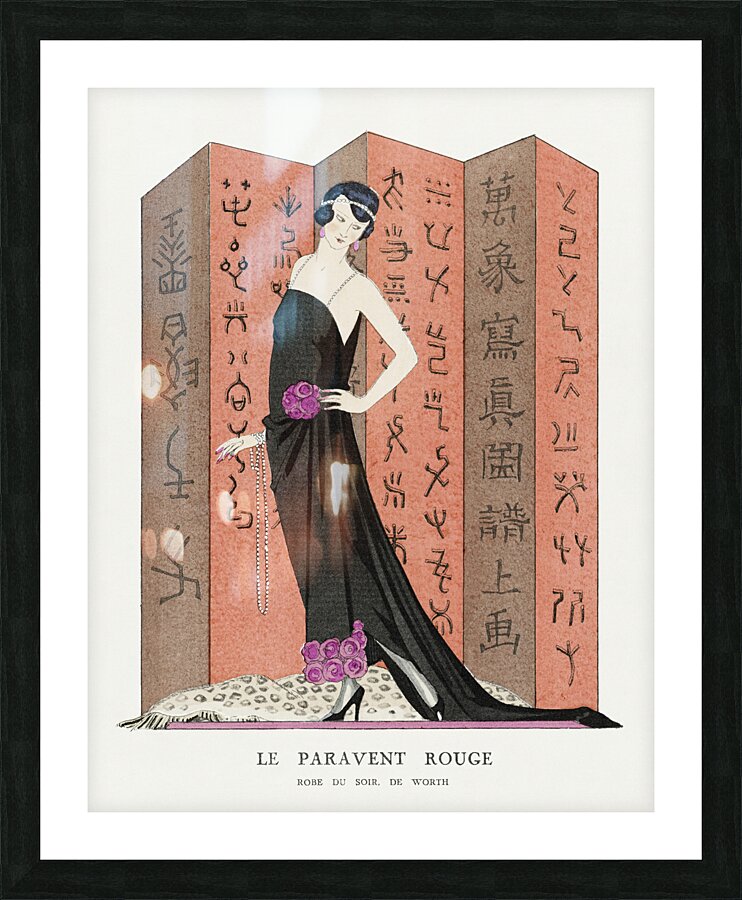 Le paravent rouge: Robe du soir de Worth from Gazette du Bon Ton. Art &ndash Modes & Frivolit&eacutes: Famous Fashion Houses No. 10 Pl. 80 1921 fashion illustration  by George Barbier.  Picture Frame print