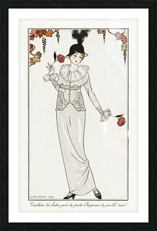 Costumes Parisiens no. 8: Tailleur de Satin gris de perle. Chapeau de paille noir from Journal des Dames et des Modes 1912 fashion illustration  by George Barbier.  Picture Frame print