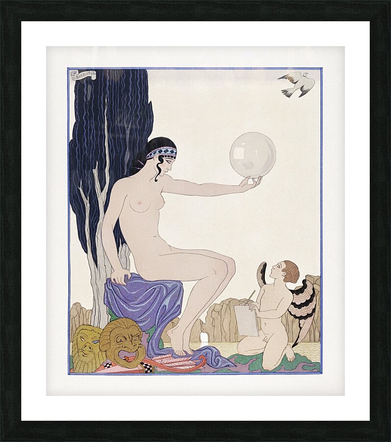 Seated woman and cherub 1929 fashion illustration by George Barbier. Picture Frame print