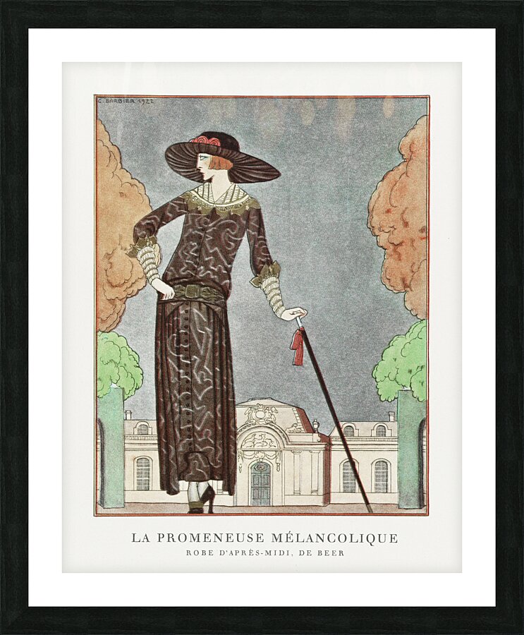 La promeneuse m&eacutelancolique Robe dapr&egraves-midi de Beer 1922 fashion illustration  by George Barbier.  Picture Frame print