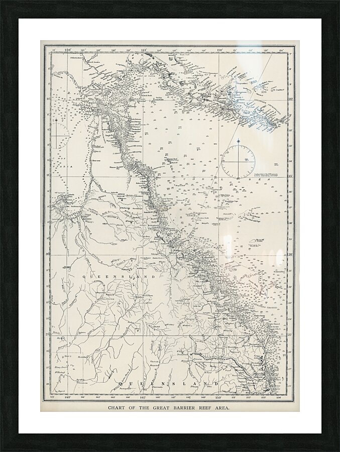Chart of the Great Barrier Reef Area from The Great Barrier Reef of Australia 1893 by William Saville-Kent 1845-1908.  Picture Frame print