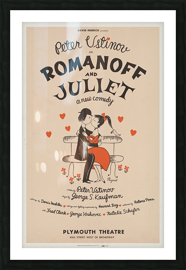 David Merrick presents Peter Ustinov in Romanoff and Juliet a new comedy 1960 Raymond Peynet French 1908 – 1999 Artcraft Lithograph Poster 1905–1970 Picture Frame print