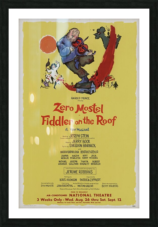 Harold Prince presents Zero Mostel in Fiddler on the roof 1964 Artcraft Lithograph American 1905–1970 Picture Frame print