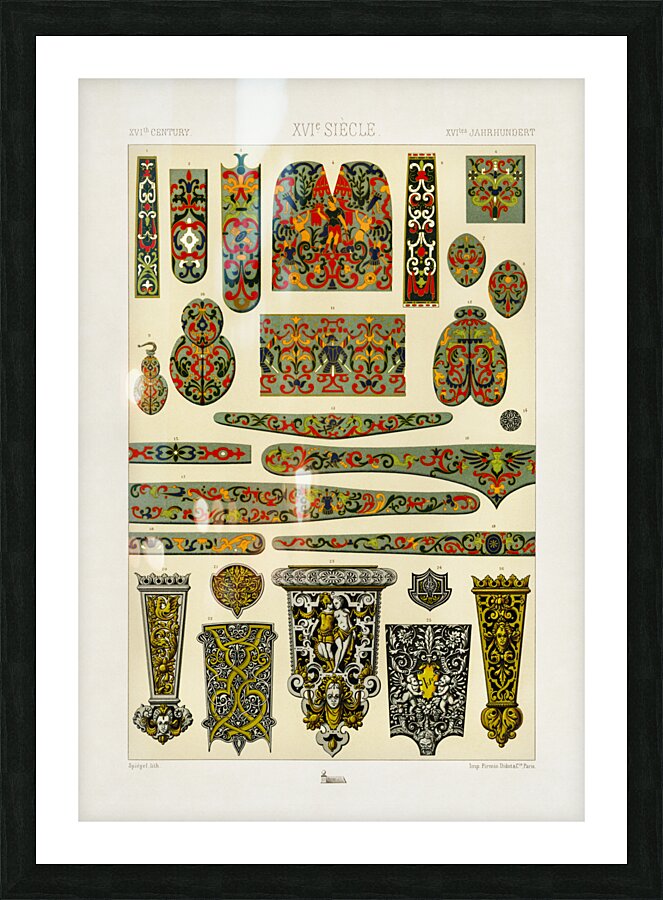 16th Century pattern. 1888 edition Lornement Polychrome by Albert Racine 1825–1893. Picture Frame print