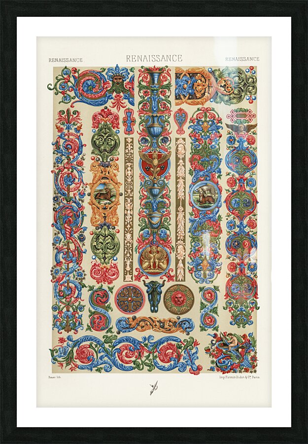 Renaissance pattern. 1888 edition Lornement Polychrome by Albert Racine 1825–1893. Picture Frame print