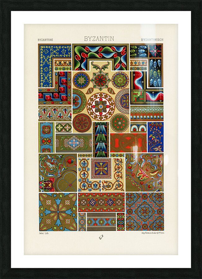 Byzantine pattern. 1888 edition Lornement Polychrome by Albert Racine 1825–1893. Picture Frame print