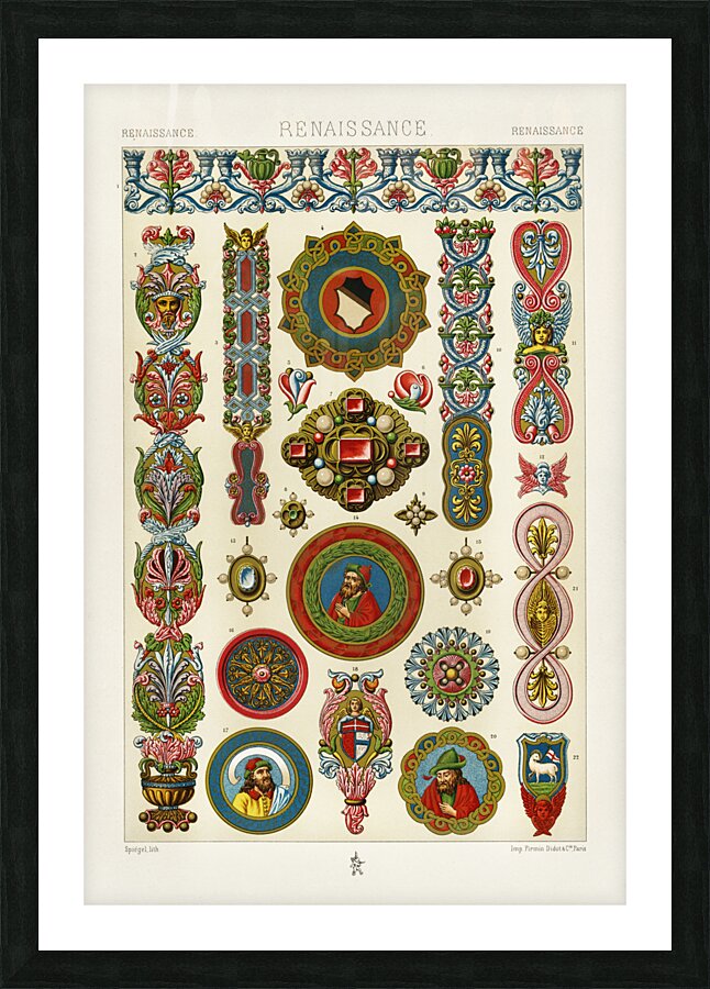 Renaissance pattern. 1888 edition Lornement Polychrome by Albert Racine 1825–1893. Picture Frame print