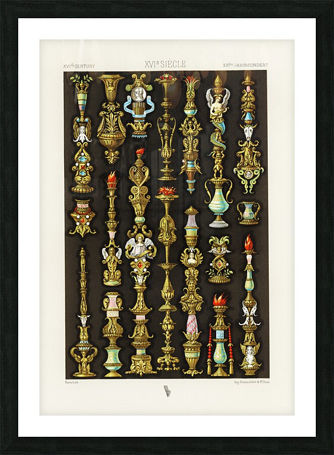 16th Century pattern. 1888 edition Lornement Polychrome by Albert Racine 1825–1893. Picture Frame print