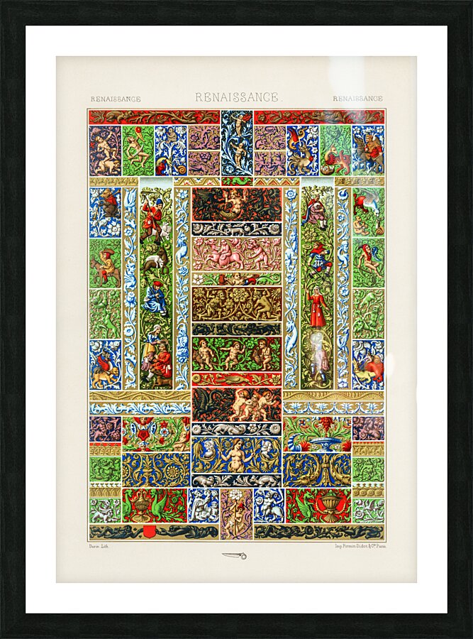 Renaissance pattern. 1888 edition Lornement Polychrome by Albert Racine 1825–1893. Picture Frame print