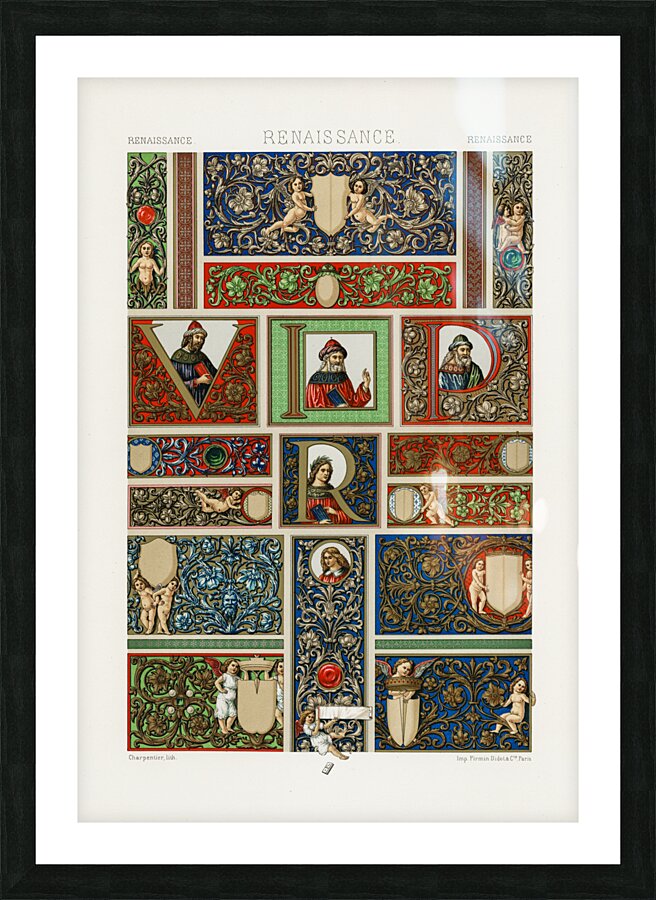 Renaissance pattern. 1888 edition Lornement Polychrome by Albert Racine 1825–1893. Picture Frame print