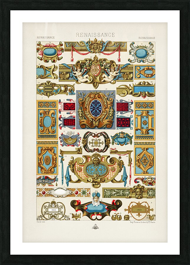 Renaissance pattern. 1888 edition Lornement Polychrome by Albert Racine 1825–1893. Picture Frame print