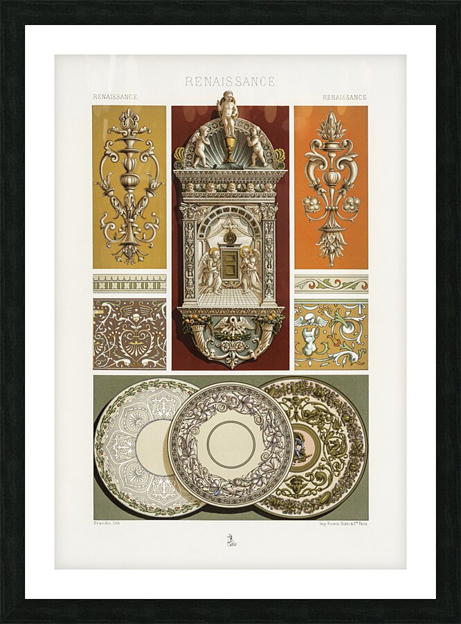 Renaissance pattern. 1888 edition Lornement Polychrome by Albert Racine 1825–1893. Picture Frame print