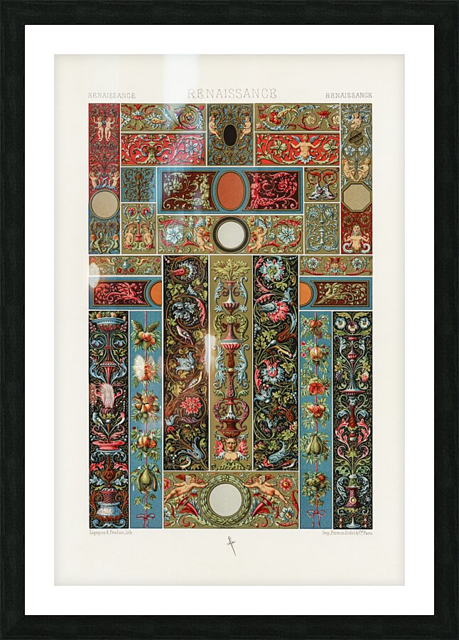 Renaissance pattern. 1888 edition Lornement Polychrome by Albert Racine 1825–1893. Picture Frame print