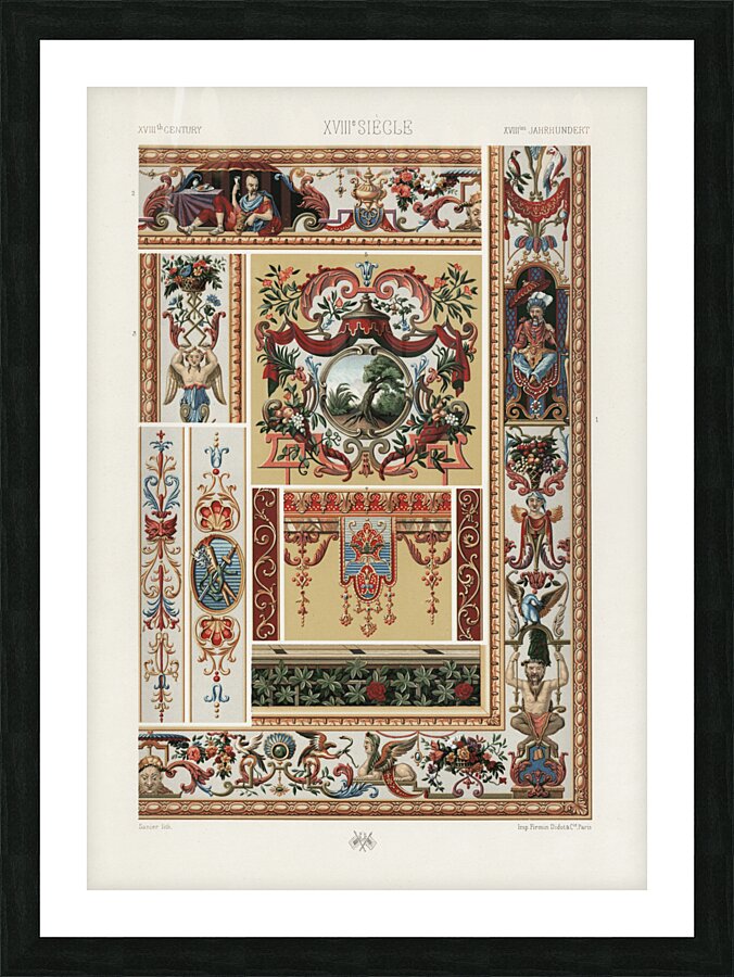 18th Century pattern. 1888 edition Lornement Polychrome by Albert Racine 1825–1893. Picture Frame print