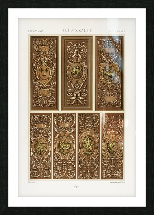 Renaissance pattern. 1888 edition Lornement Polychrome by Albert Racine 1825–1893. Picture Frame print