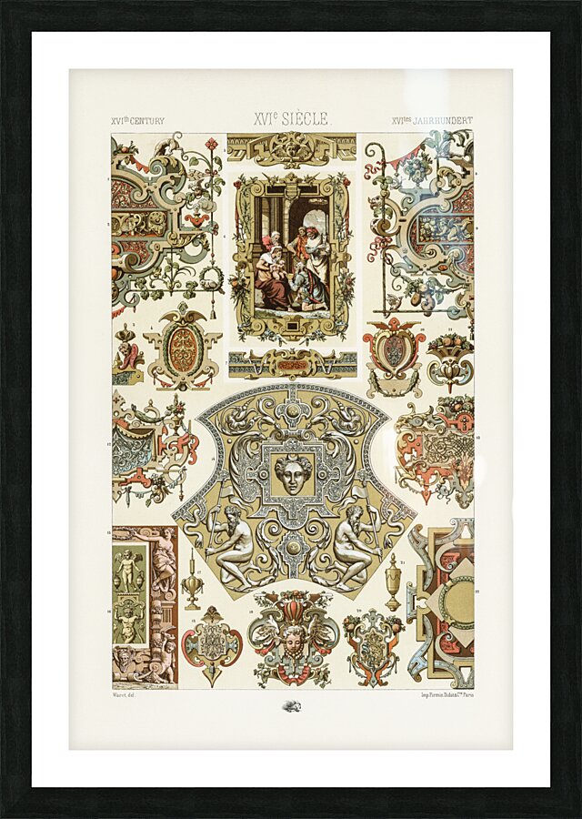 16th Century pattern. 1888 edition Lornement Polychrome by Albert Racine 1825–1893. Picture Frame print