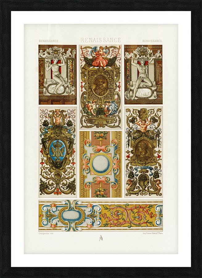 Renaissance pattern. 1888 edition Lornement Polychrome by Albert Racine 1825–1893. Picture Frame print