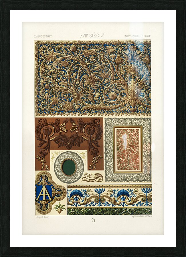 17th Century pattern. 1888 edition Lornement Polychrome by Albert Racine 1825–1893. Picture Frame print
