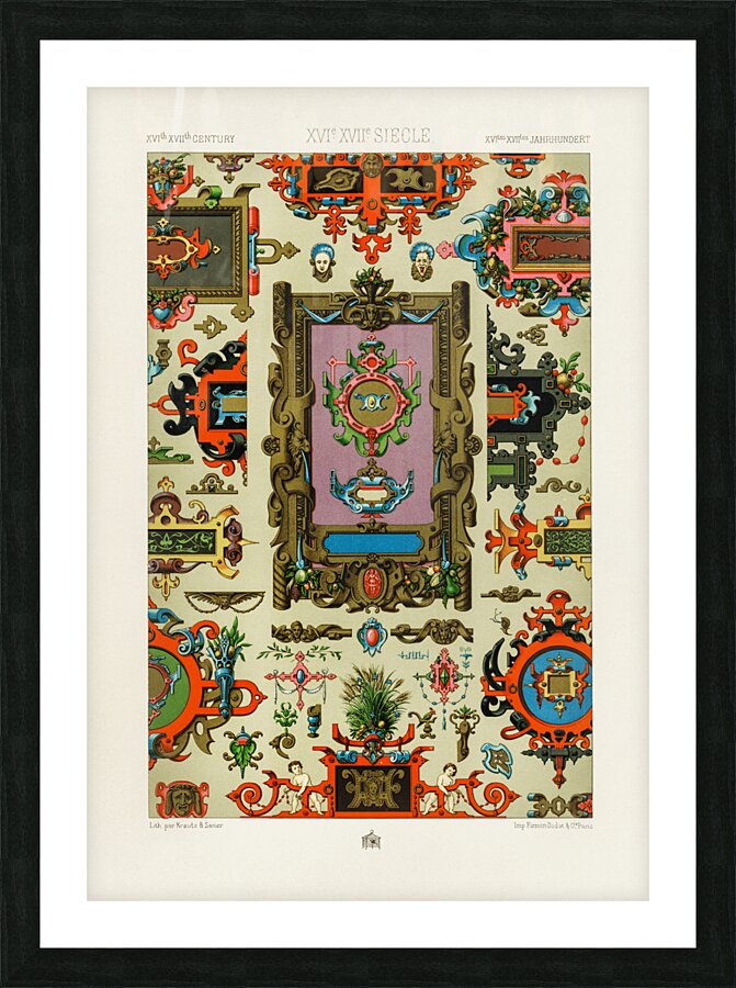 16th and 17th Century pattern. 1888 edition Lornement Polychrome by Albert Racine 1825–1893. Picture Frame print