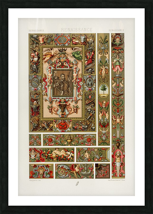 Renaissance pattern. 1888 edition Lornement Polychrome by Albert Racine 1825–1893. Picture Frame print