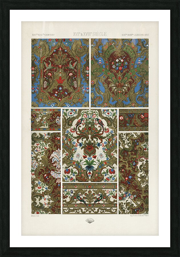 17th and 18th Century pattern. 1888 edition Lornement Polychrome by Albert Racine 1825–1893. Picture Frame print