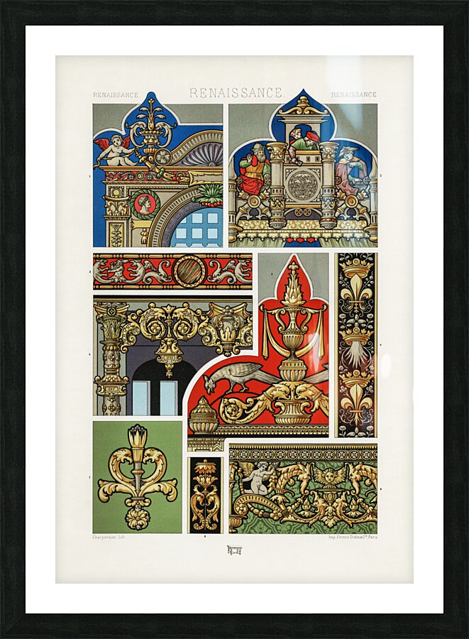 Renaissance pattern. 1888 edition Lornement Polychrome by Albert Racine 1825–1893. Picture Frame print