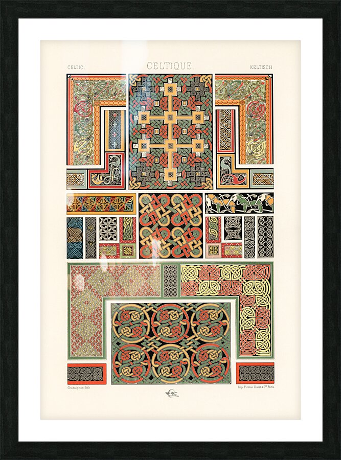 Celtic pattern. 1888 edition Lornement Polychrome by Albert Racine 1825–1893. Picture Frame print